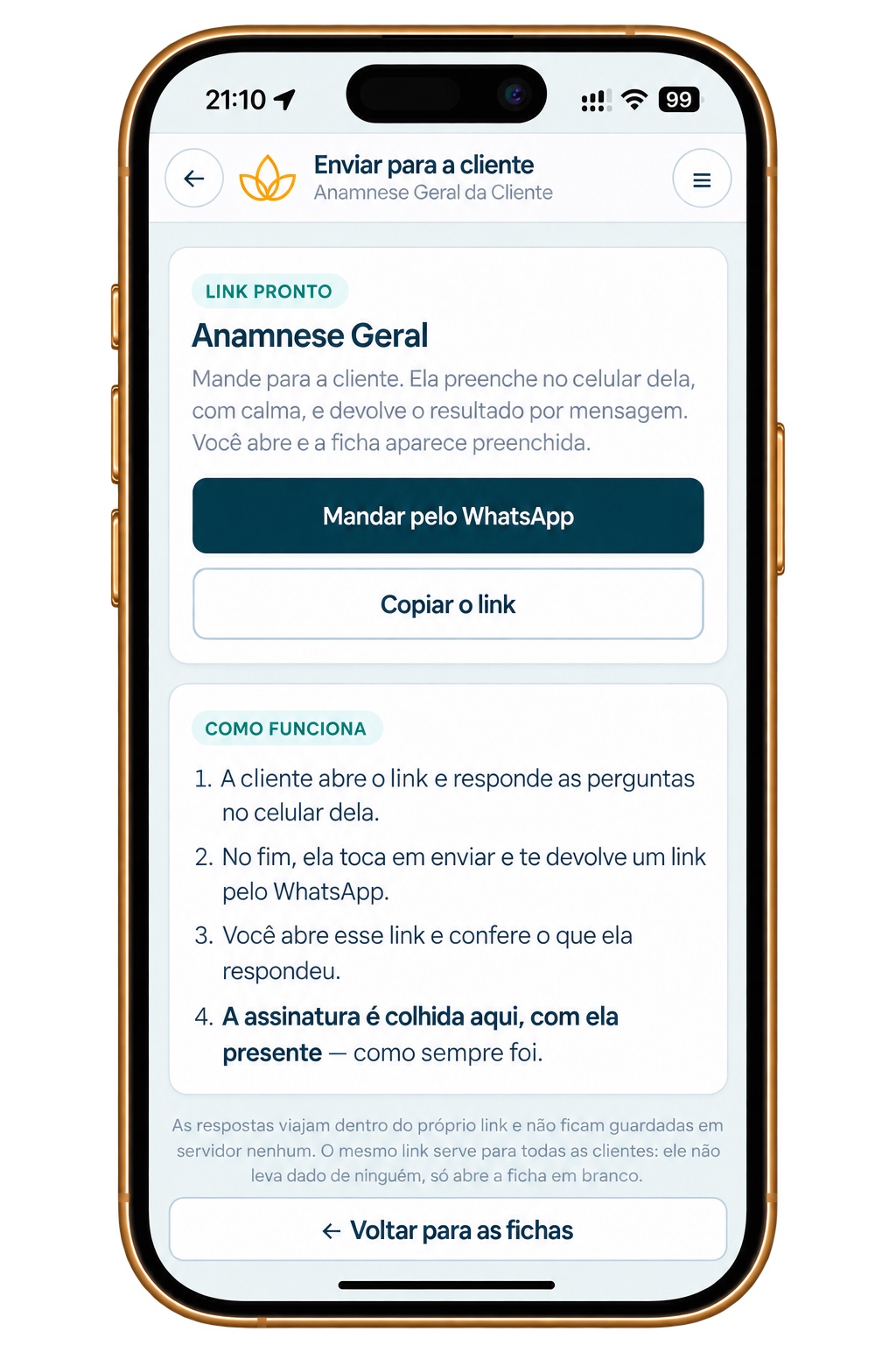 Tela Enviar para a cliente com opção de mandar a anamnese pelo WhatsApp