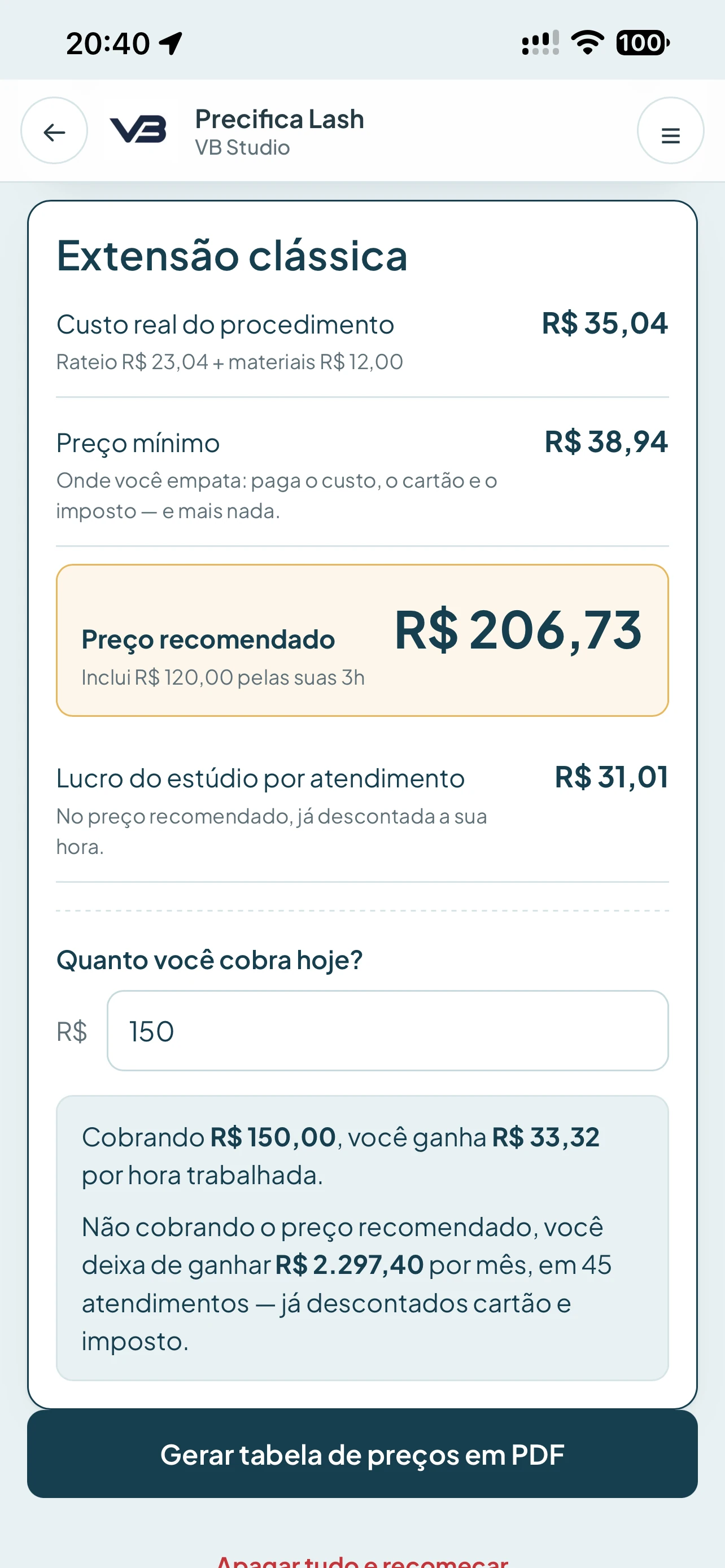 Tela real da Precifica Lash com preço mínimo e preço recomendado