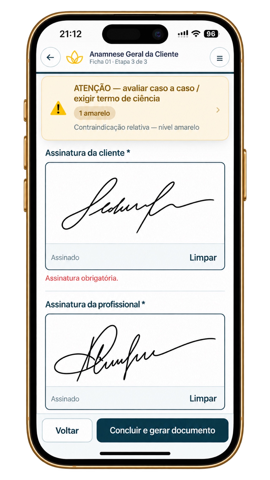 Tela real do app com as assinaturas da cliente e da profissional colhidas presencialmente