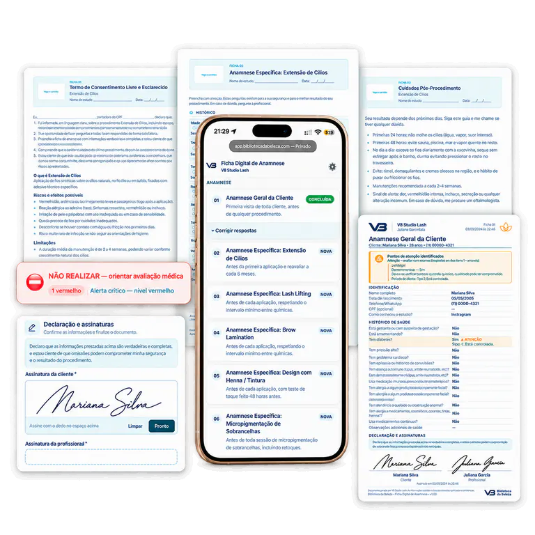 Telas reais do App Web de Atendimento, fichas e documento gerado