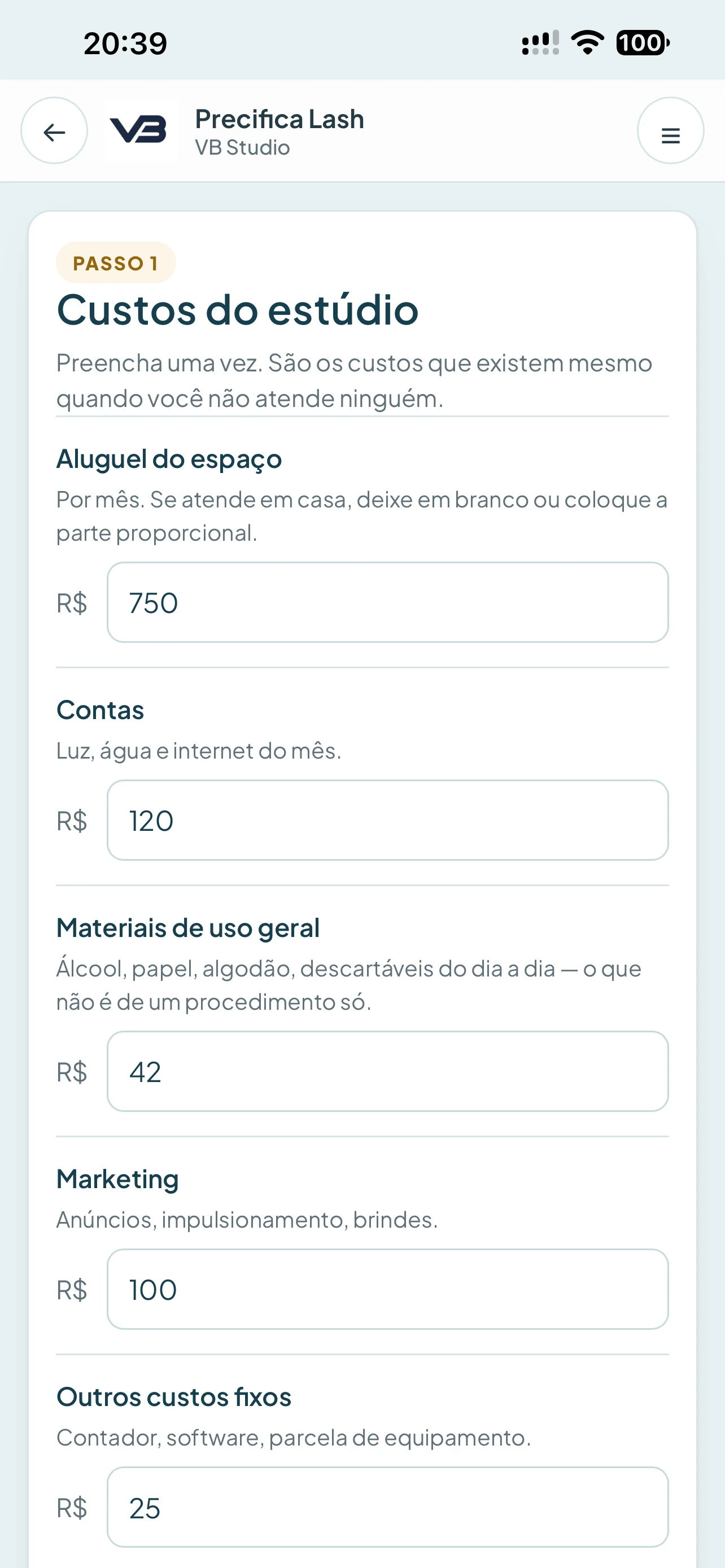 Tela real da Precifica Lash para informar custos do estúdio