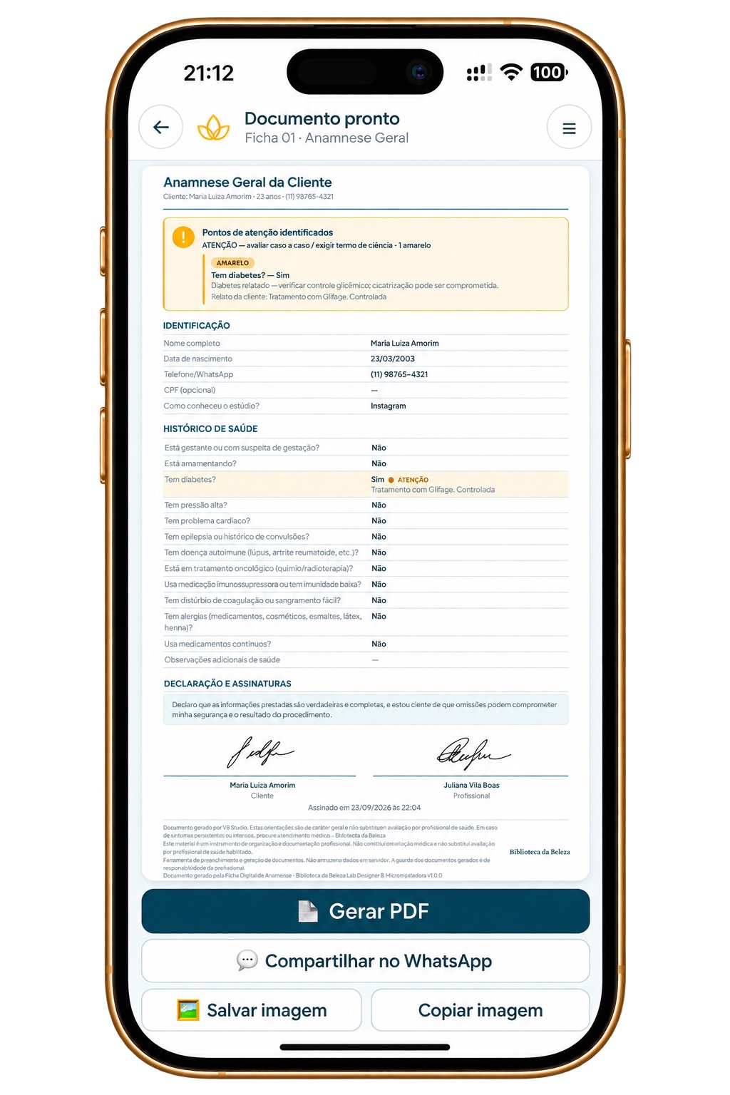 Tela Documento pronto com documento de exemplo e opções para gerar PDF e compartilhar no WhatsApp